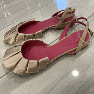 Oscar Tiye Valerie Beige Ruffled Ankle Strap Flat